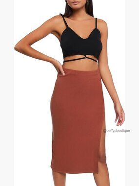 Side-Slit Midi Skirt with High Stretch, Pull On, Solid